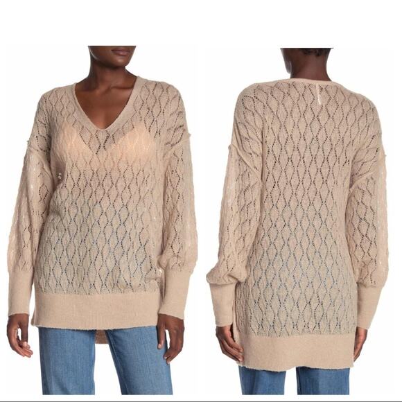 Free People Say Hello Oversized Knit Tunic Sweater Tan NEW - Picture 9 of 9